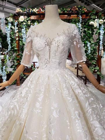 Lace Half Sleeves Ball Gown Wedding Dresses, Fashion Beading Big Wedding Gown TN119 - Tirdress