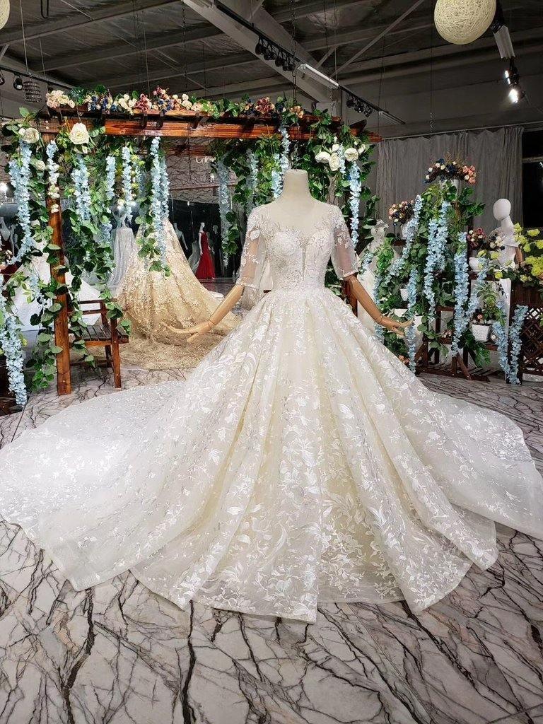 Half Sleeves Ball Gown Wedding Dress Pricess Lace Wedding Gown TN119 US4 / White Half Sleeves Ball Gown Wedding Dress Pricess Lace Wedding Gown TN119 US4 / White