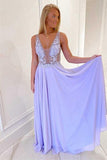 Lavender Chiffon A-line Deep V Neck Long Prom Formal Dress TP1181