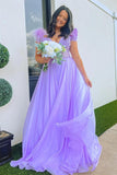 Lavender Plunging Off-the-Shoulder Feathers Appliques Long Prom Dress TP1220 - Tirdress