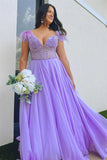 Lavender Plunging Off-the-Shoulder Feathers Appliques Long Prom Dress TP1220 - Tirdress