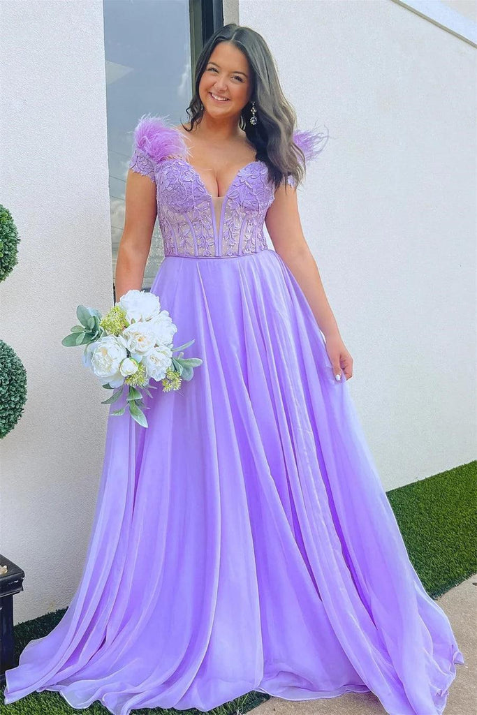Lavender Plunging Off-the-Shoulder Feathers Appliques Long Prom Dress TP1220 - Tirdress