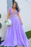 Lavender Plunging Off-the-Shoulder Feathers Appliques Long Prom Dress TP1220