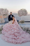 Layers Tulle Ball Gown Wedding Dress Drama Pink Wedding Dress TN333 - Tirdress