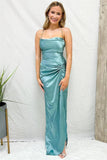Light Blue Cowl Neck Twist Knot Pleated Long Prom Dress With Slit TP1219 - Tirdress