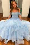 Light Blue Tulle Off-the-Shoulder Tiered A-Line Prom Evening Dress TP1194