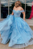 Light Blue Tulle Off-the-Shoulder Tiered A-Line Prom Evening Dress TP1194 - Tirdress