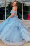 Light Blue Tulle Off-the-Shoulder Tiered A-Line Prom Evening Dress TP1194 - Tirdress