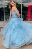 Light Blue Tulle Off-the-Shoulder Tiered A-Line Prom Evening Dress TP1194 - Tirdress