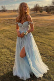 Light Blue Tulle Off Shoulder Long Prom Dresses With Lace Appliques TP1211