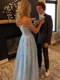Light Blue Tulle Off Shoulder Long Prom Dresses With Lace Appliques TP1211 - Tirdress