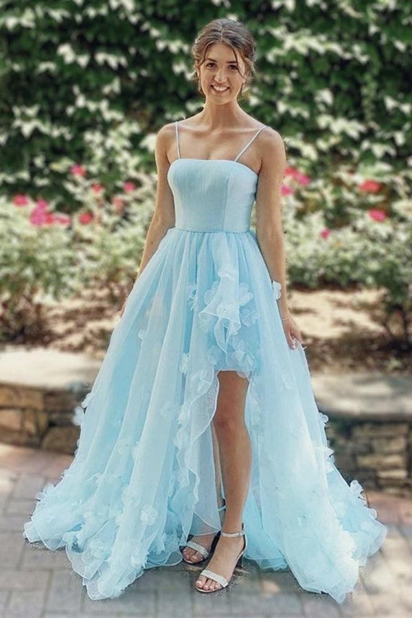 Light Blue Floral Long Prom Split Evening Dress With 3D Flowers – Tirdress