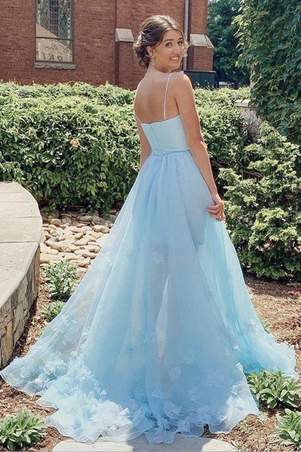 Light Blue Floral Long Prom Dresses Split Evening Dress With 3D Flowers TP1019