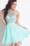 Light Blue Halter Sleeveless Sheer Back Beading Homecoming Dress TR0223 - Tirdress