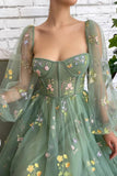 Light Green Embroidered Tulle dress Prom Dress Puffy Long Sleeve TP1133 - Tirdress