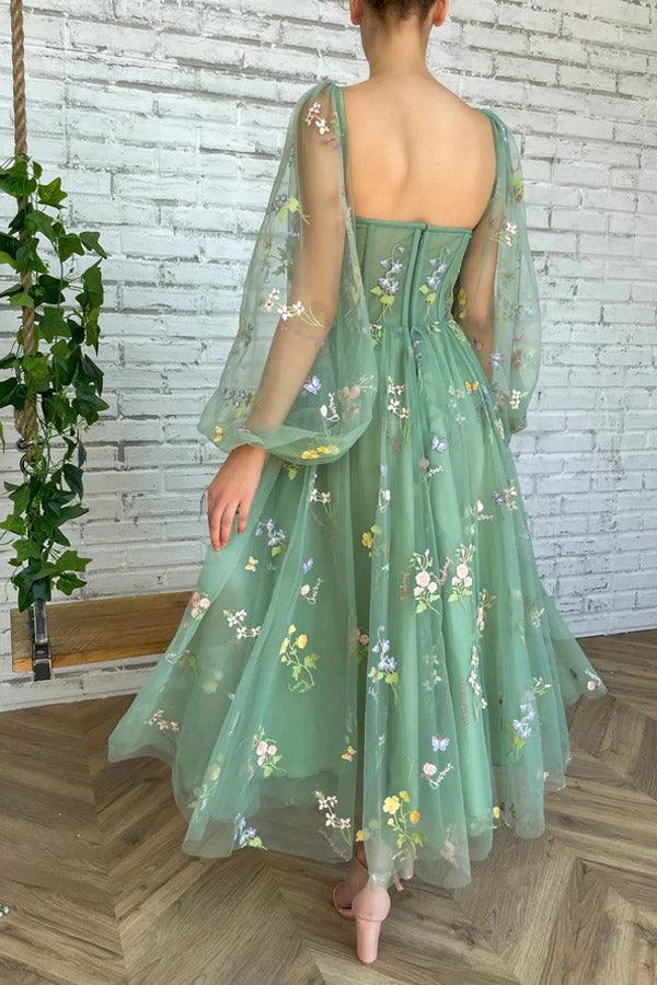 Light Green Embroidered Tulle Dress Prom Dress Puffy Long Sleeve Custom Size / As Picture Light Green Embroidered Tulle Dress Prom Dress Puffy Long Sleeve Custom Size / As Picture
