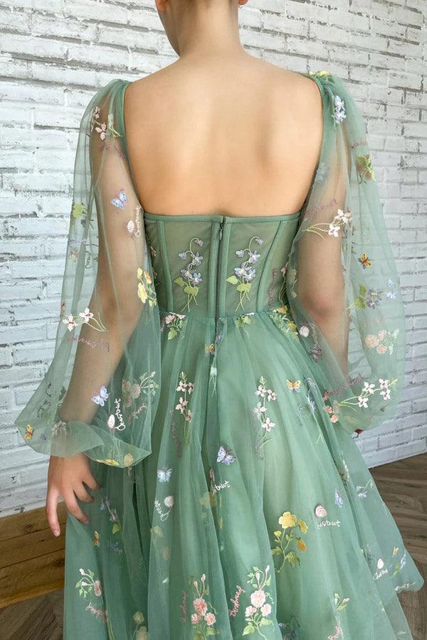 Light Green Embroidered Tulle dress Prom Dress Puffy Long Sleeve TP1133 - Tirdress