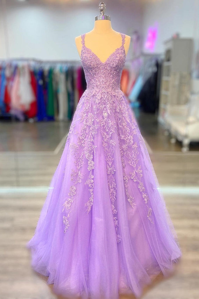 Lilac Appliques A-line V Neck Long Formal Dress Prom Dress TP1150 - Tirdress