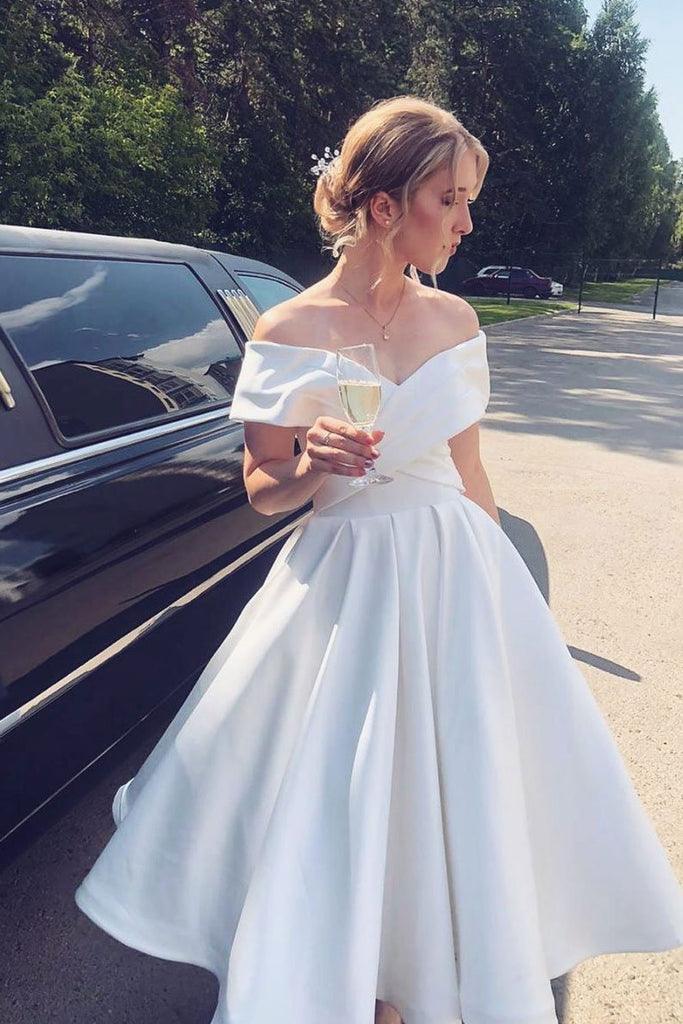 A Line Ankle Length Ivory Off-Shoulder Satin Short Wedding Dress TN294 Tirdress A Line Ankle Length Ivory Off-Shoulder Satin Short Wedding Dress TN294 Tirdress