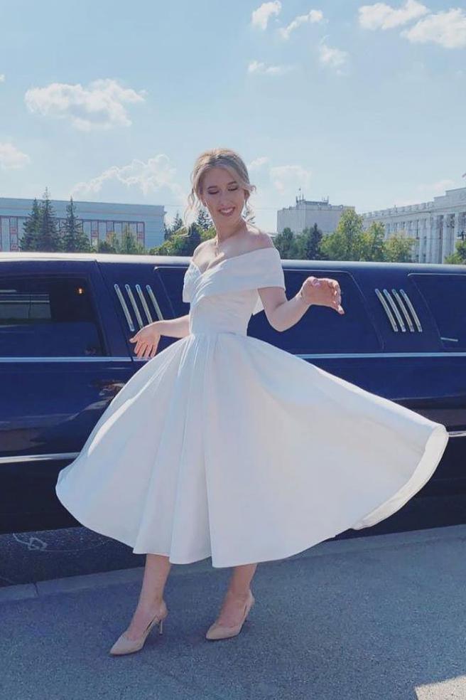 A Line Ankle Length Ivory Off-Shoulder Satin Short Wedding Dress TN294 US10 / As Picture A Line Ankle Length Ivory Off-Shoulder Satin Short Wedding Dress TN294 US10 / As Picture