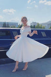 A Line Ankle Length Ivory Off-Shoulder Satin Short Wedding Dress TN294- Tirdress