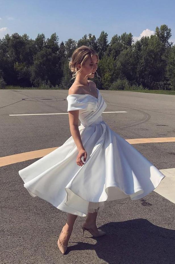 A Line Ankle Length Ivory Off-Shoulder Satin Short Wedding Dress TN294 US10 / As Picture A Line Ankle Length Ivory Off-Shoulder Satin Short Wedding Dress TN294 US10 / As Picture