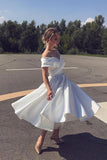A Line Ankle Length Ivory Off-Shoulder Satin Short Wedding Dress TN294 - Tirdress