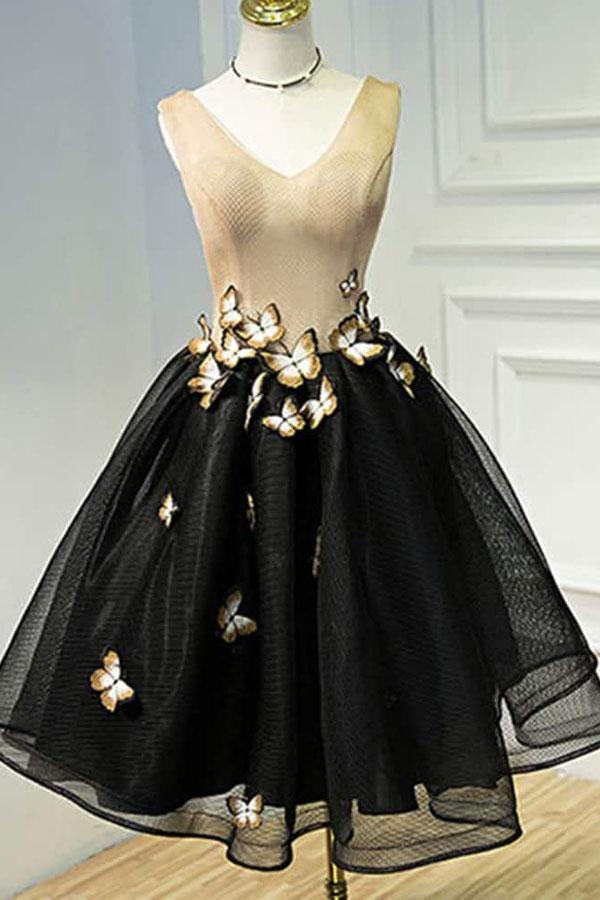 A Line Black Homecoming Dresse Sleeveless Prom Dress With Butterfly HD0060 - Tirdress