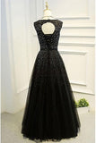 A Line Black Long Tulle Prom Dresses with Beadings TP0173 - Tirdress