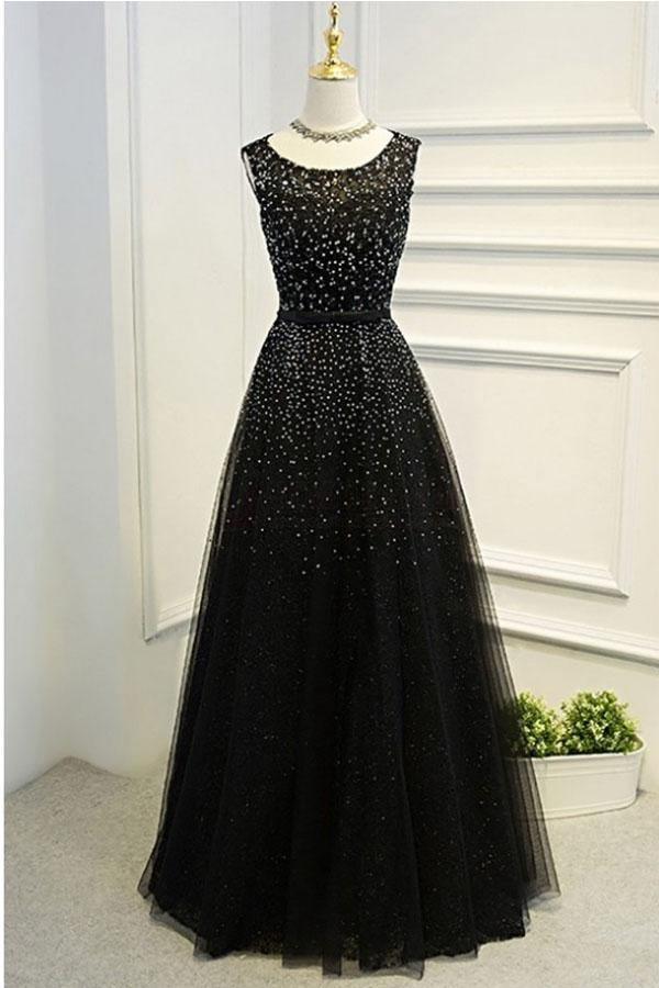 A Line Black Long Tulle Prom Dresses with Beadings TP0173 - Tirdress