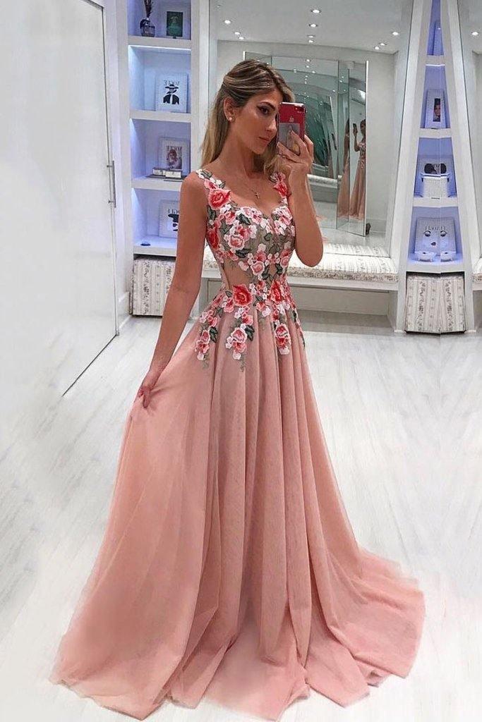 A Line Broad Straps Floral Appliqued Prom Dress Tulle Evening Dresses TN158 - Tirdress
