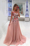 A Line Broad Straps Floral Appliqued Prom Dress Tulle Evening Dresses TN158