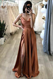 A Line Brown Long Prom Dress With Slit Simple Evening Party Dresses TP1102