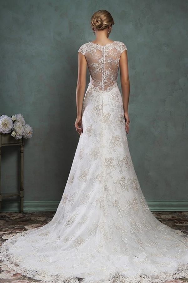 A Line Cap Sleeve Sheer Back Vintage Lace Wedding Dress TN0074 - Tirdress