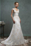 A Line Cap Sleeve Sheer Back Vintage Lace Wedding Dress TN0074