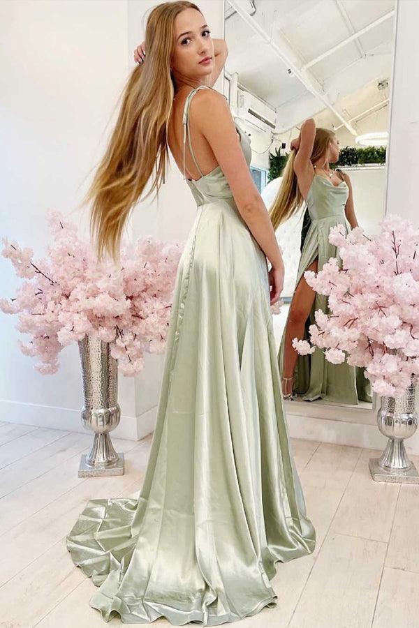 A Line Cowl Neck Tie Straps Sage Green Prom Dresses with Split US16 / As Picture A Line Cowl Neck Tie Straps Sage Green Prom Dresses with Split US16 / As Picture