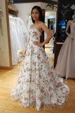 A Line Floral Long Prom Dresses Strapless Beautiful Flower Printed Prom Dress TP0911