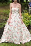 A Line Floral Long Prom Dresses Strapless Beautiful Flower Printed Prom Dress TP0911 - Tirdress