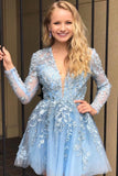 A Line Lace Appliqued Short Blue Homecoming Dress with Long Sleeves HD0076