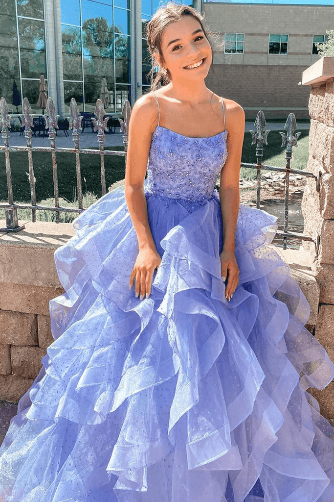A Line Lavender Long Prom Dress with Cascading Ruffles Evening Dresses TP1117 - Tirdress