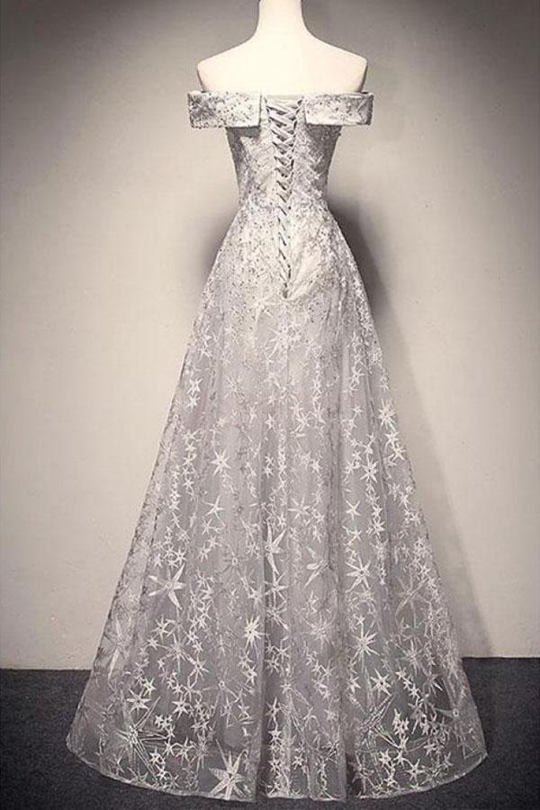 A Line Light Grey Off Shoulder Long Lace Prom Dresses TP0162 - Tirdress