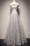 A Line Light Grey Off Shoulder Long Lace Prom Dresses TP0162 - Tirdress
