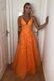 A Line V Neck Backless Lace Appliques Orange Prom Dresses, Formal Dresses TP1104 - Tirdress