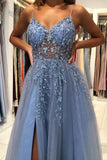 A Line V Neck Blue Tulle Long Prom Dresses Evening Dress With Beading TP1014 - Tirdress