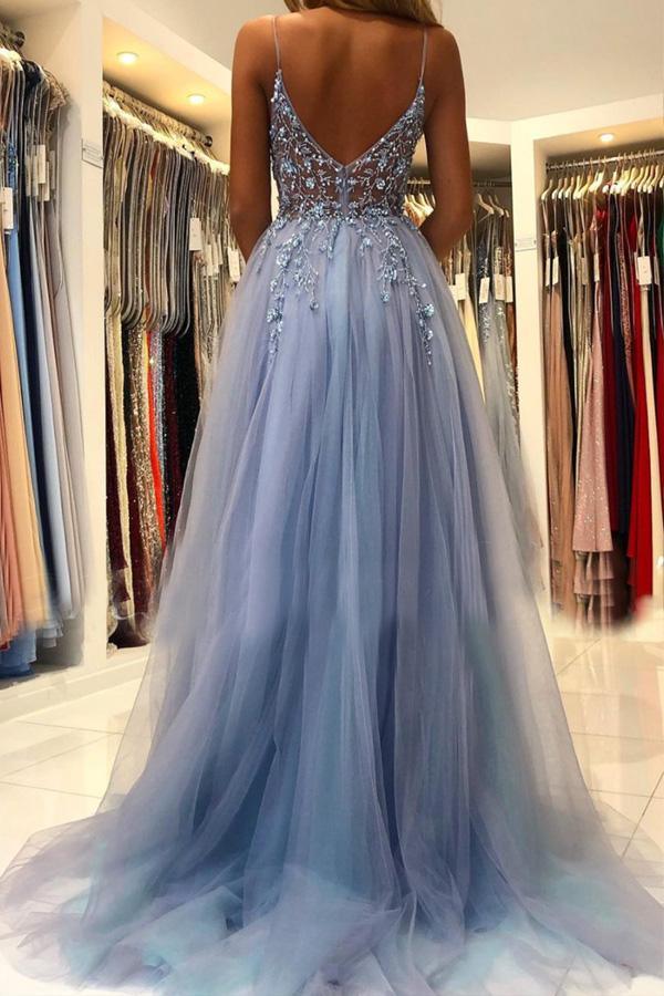 A Line V Neck Blue Tulle Long Prom Dresses Evening Dress With Beading ...