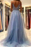 A Line V Neck Blue Tulle Long Prom Dresses Evening Dress With Beading TP1014 - Tirdress