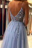 A Line V Neck Blue Tulle Long Prom Dresses Evening Dress With Beading TP1014 - Tirdress