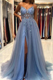 A Line V Neck Blue Tulle Long Prom Dresses Evening Dress With Beading TP1014
