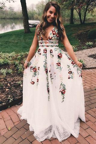 A Line V Neck Flower Appliques Prom Dresses, Long Evening Dresses TP0888 - Tirdress