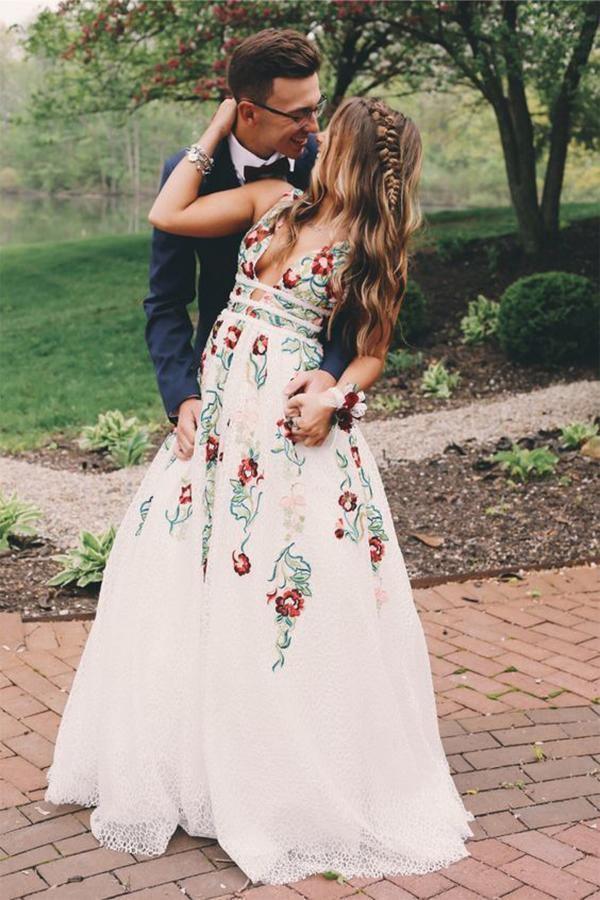 A Line V Neck Flower Appliques Prom Dresses, Long Evening Dresses TP0888 - Tirdress